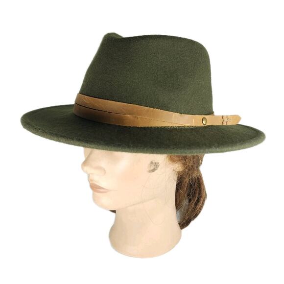 Frye Women\'s Medium Green 100% Wool Felt Brown Leather belt Fedora Hat main image 4